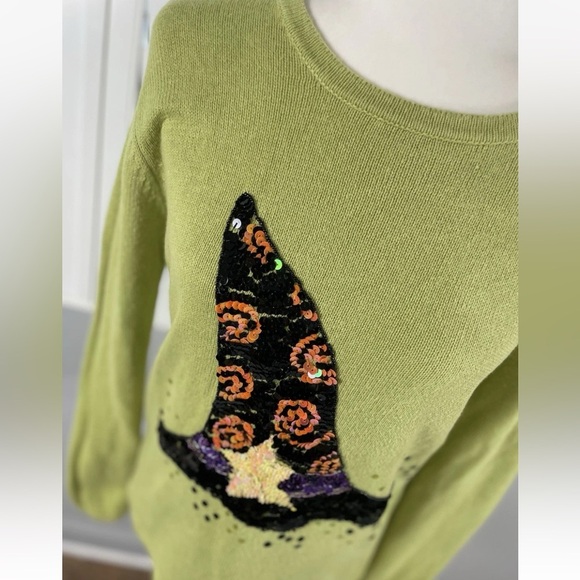Peek A Boo Halloween Sequin Witches Hat Lime Green Pullover Sweater Women’s S - Picture 2 of 16